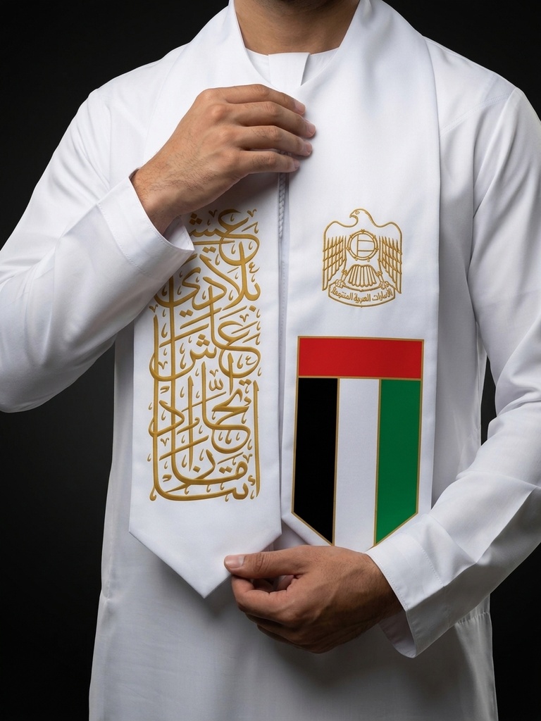 شال عيد الاتحاد بالخط العربي وشعار دولة الإمارات